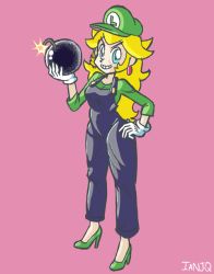 Rule 34 | 1girl, animated, animated gif, artist name, blonde hair, blue eyes, blue overalls, bomb, breasts, buttons, cosplay, crossdressing, earrings, explosive, female focus, full body, fuse, gloves, green footwear, green hat, green shirt, grin, hand on own hip, hand up, hat, high heels, holding, holding bomb, ian jones-quartey, jewelry, legs apart, lit fuse, long hair, looking at viewer, looping animation, luigi, luigi (cosplay), mario (series), medium breasts, nintendo, no socks, overalls, pink background, princess peach, shirt, simple background, sleeves past wrists, smile, solo, standing, stiletto heels, super mario bros. 1, v-shaped eyebrows, white gloves