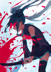 Rule 34 | 1girl, aqua hair, bad id, bad pixiv id, blood, blood on face, blood on clothes, blood in hair, cutting, detached sleeves, from side, hatsune miku, highres, katana, long hair, necktie, open mouth, skirt, solo, sparrow (xici9527), sword, tattoo, thighhighs, twintails, very long hair, vocaloid, weapon