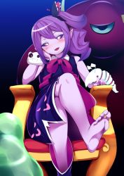 Rule 34 | 1girl, barefoot, blush, colored sclera, colored skin, drill hair, fangs, feet, foot focus, head rest, crossed legs, long hair, looking at viewer, musume (yuunama), parted lips, pointy ears, pov, purple hair, purple sclera, purple skin, shoes, unworn shoes, side ponytail, single shoe, sitting, soles, solo, throne, toes, yellow eyes, yuusha no kuse ni namaiki da