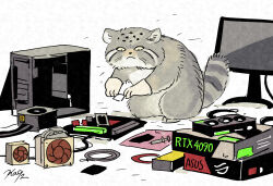 Rule 34 | animal focus, artist name, asus, closed mouth, computer, full body, geforce rtx 4090, graphics card, grey fur, ka92, monitor, motherboard, no humans, noctua, original, pallas&#039;s cat, simple background, thermal paste, white background