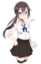 Rule 34 | 1girl, black skirt, black thighhighs, blue bow, blush, bow, brown hair, closed mouth, collared shirt, cropped legs, dated, glasses, hair between eyes, hand on own hip, long hair, maze (gochama ze gohan), original, pleated skirt, ponytail, purple eyes, shirt, short sleeves, signature, simple background, sketch, skirt, smile, solo, standing, thighhighs, very long hair, white background, white shirt
