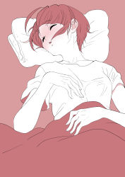 Rule 34 | 1girl, :o, absurdres, aged up, ahoge, blanket, blunt bangs, blush, closed eyes, collarbone, commentary, drunk, ear blush, flat color, full-face blush, hand on own chest, highres, hoshina hikaru, lying, monochrome, on back, open mouth, pillow, pink background, pink hair, precure, shirt, short hair, short sleeves, simple background, sketch, sleeping, snoring, solo, star twinkle precure, t-shirt, tankobukids, under covers, upper body, white shirt