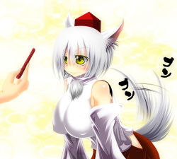 Rule 34 | 1girl, animal ears, bad id, bad pixiv id, breasts, detached sleeves, endou tatsumi, female focus, hat, inubashiri momiji, large breasts, short hair, silver hair, solo, tail, tail wagging, tokin hat, touhou, wolf ears, wolf tail, yellow eyes