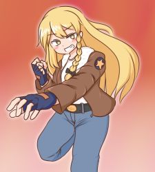 Rule 34 | 1girl, blonde hair, blue gloves, blue pants, bow, braid, brown jacket, commission, cosplay, fatal fury, fingerless gloves, garou: mark of the wolves, gloves, gradient background, green bow, grin, hair bow, jacket, kirisame marisa, long hair, long sleeves, looking at viewer, mizusoba, pants, shirt, side braid, single braid, skeb commission, smile, solo, standing, standing on one leg, star (symbol), terry bogard, terry bogard (cosplay), touhou, v-shaped eyebrows, white shirt, yellow eyes