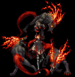 Rule 34 | 1girl, animal, armor, black background, black cloak, black horns, clenched hand, cloak, dog, fire, fire, gauntlets, glowing, glowing eyes, goggles, greaves, hair slicked back, hatching (texture), holding, holding whip, horns, long hair, meimaru inuchiyo, monster, no pupils, open mouth, orange-tinted eyewear, parted lips, pixiv fantasia, pixiv fantasia new world, pointy ears, red eyes, red hair, sharp teeth, simple background, teeth, tinted eyewear, tongue, tongue out, whip, yellow eyes