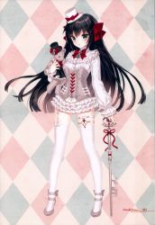 Rule 34 | 1girl, absurdres, argyle, argyle background, argyle clothes, artist name, black hair, black hat, blouse, blush, bow, bowtie, breasts, cane, detached sleeves, dress, english text, full body, garter straps, grey eyes, hair between eyes, hat, high heels, highres, holding, huge filesize, layered skirt, long hair, long sleeves, looking at viewer, medium breasts, mini hat, mini top hat, nardack, non-web source, original, shirt, short dress, simple background, skirt, solo, stuffed animal, stuffed toy, thigh strap, thighhighs, top hat, turtleneck, very long hair, white hat, white shirt, white theme, white thighhighs, zettai ryouiki