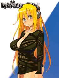 Rule 34 | 1girl, blonde hair, breasts, character request, cleavage, covered erect nipples, cowboy shot, grey eyes, hair between eyes, headphones, jewelry, large breasts, logo, long hair, long sleeves, looking at viewer, lowres, necklace, official art, psychic hearts, ryoji (nomura ryouji), see-through, solo