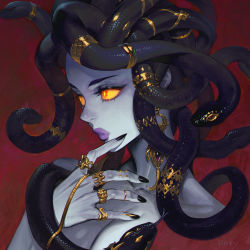 Rule 34 | 1girl, artist name, black nails, black snake, chain, chain, collarbone, colored sclera, commentary, earrings, finger to mouth, fingernails, gold chain, highres, jewelry, lips, living hair, long fingernails, looking away, monster girl, morry, nail polish, orange eyes, original, pale skin, parted lips, portrait, purple lips, red background, ring, signature, snake, snake hair, symbol-only commentary, yellow sclera