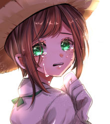 Rule 34 | 1girl, bad id, bad pixiv id, blush, brown hair, chigiri kurenai, commentary request, emma woods, from side, gloves, green eyes, hat, highres, identity v, looking at viewer, parted lips, shirt, short hair, sidelocks, simple background, solo, sun hat, tears, teeth, upper teeth only, white background, white gloves, white shirt