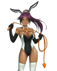 Rule 34 | 1girl, animal ears, between breasts, black gloves, bleach, blush, breasts, chinese zodiac, cleavage, corset, dark-skinned female, dark skin, detached collar, elbow gloves, fake animal ears, female focus, gloves, gmanime, hairband, highleg, highleg leotard, holding, holding whip, large breasts, leotard, long hair, looking at viewer, necktie, necktie between breasts, open mouth, playboy bunny, ponytail, purple hair, rabbit ears, shihouin yoruichi, smile, solo, strapless, strapless leotard, thighhighs, two-tone leotard, wet, whip, white thighhighs, year of the rabbit, yellow eyes