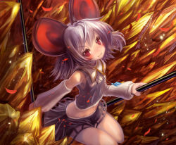 Rule 34 | 1girl, adapted costume, animal ears, arm warmers, bare legs, bare shoulders, crystal, dowsing rod, female focus, grey hair, jewelry, midriff, mouse ears, navel, nazrin, pendant, red eyes, red theme, short hair, smile, solo, tanaka ken&#039;ichi, touhou