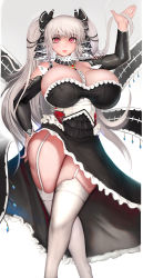 Rule 34 | 1girl, arm behind back, arm up, azur lane, bare shoulders, black dress, breasts, cleavage, curvy, dress, formidable (azur lane), garter straps, grey background, highres, huge breasts, lips, long hair, looking at viewer, multicolored clothes, multicolored dress, pink eyes, randy (awesomevillage), silver hair, simple background, solo, standing, thick thighs, thighhighs, thighs, twintails, very long hair, white dress, white thighhighs, wide hips