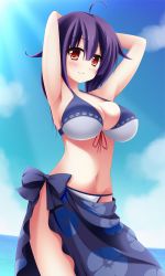 Rule 34 | 10s, 1girl, ahoge, armpits, arms behind head, arms up, bad id, bad pixiv id, bikini, blush, breasts, cleavage, day, hair flaps, highres, kantai collection, karin (rei862), large breasts, long hair, looking at viewer, medium breasts, purple hair, red eyes, sarong, smile, solo, standing, swimsuit, taigei (kancolle), white bikini