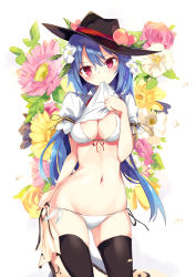 Rule 34 | 1girl, arm garter, bikini, black thighhighs, blue hair, blush, breasts, cleavage, clothes lift, cowboy shot, floral background, flower, food, fruit, groin, hat, head tilt, hinanawi tenshi, leaf, lifting own clothes, long hair, looking at viewer, medium breasts, mouth hold, navel, peach, red eyes, shirt lift, short sleeves, side-tie bikini bottom, skirt, unworn skirt, solo, standing, stomach, swimsuit, tetsurou (fe+), thighhighs, touhou, underwear, white bikini, wide hips