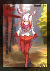 Rule 34 | 10s, 1girl, autumn leaves, bad id, bad pixiv id, blurry, blush, border, closed mouth, curtsey, day, depth of field, frilled sleeves, frills, full body, fur collar, head wings, japanese crested ibis (kemono friends), kemono friends, long hair, long sleeves, looking away, multicolored hair, outdoors, pantyhose, recording, red hair, red pantyhose, rokuroku (xd p), skirt hold, smile, solo, standing, tree, two-tone hair, viewfinder, white hair, wings