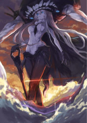 Rule 34 | 10s, 1girl, absurdres, abyssal ship, blue eyes, bodysuit, cape, gloves, glowing, glowing eyes, highres, kantai collection, long hair, navel, ocean, pale skin, silver hair, skin tight, solo, tentacles, very long hair, cane, wo-class aircraft carrier, xinuo223