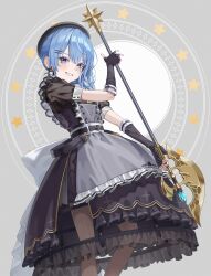 Rule 34 | 1girl, apron, back bow, bardiche (weapon), belt, beret, black belt, black dress, black gloves, black hat, blue eyes, blue hair, bow, braid, chest belt, commentary, crinoline, double-parted bangs, dress, earrings, elbow gloves, feet out of frame, fingerless gloves, frilled dress, frills, from side, gloves, grey apron, grey background, grin, hair between eyes, hair ornament, hair over shoulder, hairclip, hat, highres, holding, holding weapon, hololive, hoshimachi suisei, hoshimachi suisei (maid), huge bow, jewelry, leather belt, long hair, looking at viewer, maid, maririri111, official alternate costume, official alternate hairstyle, pink nails, polearm, short sleeves, side braid, side slit, single braid, smile, solo, standing, star (symbol), star in eye, symbol in eye, virtual youtuber, weapon