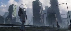Rule 34 | 1girl, 6+others, absurdres, asteroid ill, building, cloud, cloudy sky, coat, full body, gloves, guard rail, halo, highres, lamppost, long sleeves, mechanical halo, monster, multiple others, observer (asteroid ill), original, road, sky, standing, street, walking, white coat, white gloves, white hair