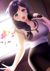 Rule 34 | 1girl, :d, bad id, bad twitter id, black skirt, blurry, blurry background, blush, bra strap, braid, braided ponytail, breasts, cleavage, green eyes, grey shirt, hair over shoulder, holding, holding microphone, indoors, karaoke, kazepana, large breasts, long hair, looking at viewer, love live!, love live! school idol project, microphone, open mouth, purple hair, ribbed shirt, shirt, short sleeves, skirt, smile, solo, teeth, television, tojo nozomi, upper body, upper teeth only