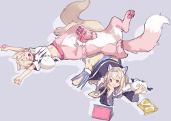 Rule 34 | 2girls, :t, absurdres, animal ear fluff, animal ears, belt, black jacket, blonde hair, centauroid, chips (food), closed eyes, closed mouth, cropped shirt, dog ears, dog girl, dog tail, eating, fang, food, frilled sleeves, frills, fur-trimmed jacket, fur trim, fuwawa abyssgard, fuwawa abyssgard (1st costume), hair ornament, hairpin, hand on own cheek, hand on own face, highres, holding, holding food, hololive, hololive english, jacket, long hair, long sleeves, lying, lying on person, medium hair, midriff, mococo abyssgard, mococo abyssgard (1st costume), monsterification, multicolored hair, multiple girls, old-night, on back, open mouth, perroccino (fuwamoco), pink belt, pink eyes, shirt, short sleeves, siblings, simple background, sisters, streaked hair, stretching, tail, taur, twins, virtual youtuber, white shirt, x hair ornament