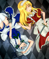 Rule 34 | 2girls, apron, argyle, argyle background, argyle clothes, arm on own head, between fingers, blonde hair, blue eyes, bow, braid, grey background, hair bow, highres, holding, izayoi sakuya, knife, long hair, looking at another, looking at viewer, maid headdress, mouth hold, multiple girls, one eye closed, open mouth, puffy short sleeves, puffy sleeves, shirua (s4-42424), short hair, short sleeves, silver hair, skirt, skirt set, sword, thighhighs, touhou, touhou (pc-98), trait connection, twin braids, upside-down, waist apron, weapon, wink, yellow eyes, yumeko (touhou)