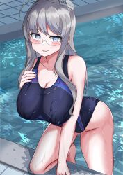 Rule 34 | 1girl, absurdres, blue eyes, breasts, collarbone, competition swimsuit, glasses, grey hair, headgear, heywood l. edwards (kancolle), highres, kantai collection, large breasts, long hair, one-piece swimsuit, pool, solo, swimsuit, tokiwa senkei, tongue, tongue out, wet, wet clothes, wet swimsuit