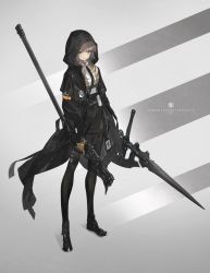 Rule 34 | 1girl, a-z d (neco), also sprach zarathustra (neco), black jacket, black pantyhose, blue eyes, closed mouth, dual wielding, grey hair, gun, gunblade, halberd, highres, holding, holding gun, holding weapon, hood, hood up, hooded jacket, id card, jacket, long jacket, looking at viewer, necktie, neco, original, pantyhose, polearm, shoes, sneakers, solo, suspenders, thighhighs, weapon