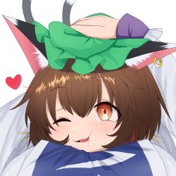 Rule 34 | 2girls, absurdres, animal ear fluff, animal ear piercing, animal ears, asakura haru, blush, brown hair, cat ears, cat girl, cat tail, cheek press, chen, green headwear, hat, heart, highres, looking ahead, lying, lying on person, mob cap, multiple girls, multiple tails, on stomach, one eye closed, orange eyes, pov, simple background, tail, touhou, two tails, white background, yakumo ran