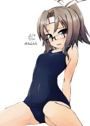 Rule 34 | 10s, 1girl, alternate costume, arms behind back, bad id, bad pixiv id, bespectacled, black-framed eyewear, blue one-piece swimsuit, blush, breasts, collarbone, covered navel, glasses, grey eyes, grey hair, headband, kantai collection, long hair, nekobaka, one-piece swimsuit, open mouth, ponytail, school swimsuit, simple background, sitting, small breasts, solo, spread legs, swimsuit, white background, zuihou (kancolle)