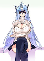 Rule 34 | 00s, 1girl, alternate costume, bespectacled, black thighhighs, blue eyes, blue hair, breast hold, breasts, cleavage cutout, clothing cutout, crossed arms, crossed legs, glasses, headgear, highres, kos-mos, kos-mos ver. 4, large breasts, long hair, looking at viewer, matching hair/eyes, meme attire, negresco, open-chest sweater, ribbed sweater, skirt, smile, solo, sweater, thighhighs, turtleneck, very long hair, xenosaga, xenosaga episode iii