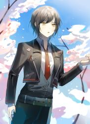 Rule 34 | 1girl, absurdres, alternate skin color, black jacket, black pants, black vest, blue sky, brown eyes, brown hair, cherry blossoms, cloud, cloudy sky, commission, eggw0v0wegg, highres, jacket, limbus company, long sleeves, necktie, open mouth, outdoors, outis (project moon), pants, petals, project moon, red necktie, second-party source, short hair, sky, solo, tree, vest