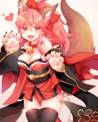 Rule 34 | 1girl, :d, absurdres, animal ear fluff, animal ears, animal hands, bad id, bad pixiv id, bare shoulders, bell, black thighhighs, blush, bow, breasts, brown background, cleavage, collar, commentary request, detached sleeves, fangs, fate/grand order, fate (series), fox ears, fox girl, fox tail, gloves, hair between eyes, hair bow, hands up, heart, highres, japanese clothes, jingle bell, kimono, long hair, long sleeves, looking at viewer, medium breasts, obi, open mouth, paw gloves, pelvic curtain, pink hair, ponytail, red bow, red collar, red eyes, red kimono, rijjin, sash, sidelocks, simple background, sleeves past wrists, smile, solo, strapless, tail, tail raised, tamamo (fate), tamamo cat (fate), tamamo cat (first ascension) (fate), thighhighs, wide sleeves