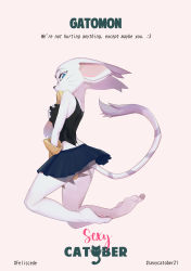 Rule 34 | 1girl, 2021, absurdres, animal ears, bare shoulders, barefoot, between legs, black skirt, blue eyes, breasts, cat ears, cat girl, cat tail, catober 2020, character name, digimon, digimon adventure, english text, feliscede, from side, furry, furry female, gloves, grabbing, grabbing another&#039;s breast, grabbing own breast, hand between legs, highres, looking at viewer, medium breasts, miniskirt, profile, sideways glance, single glove, skirt, solo, tail, tailmon, whiskers