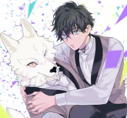 Rule 34 | 2boys, animal ears, black hair, blue eyes, body fur, carrying, carrying person, closed mouth, colored sclera, confetti, formal, furry, furry male, furry with non-furry, fw kisskiss, grey vest, highres, interspecies, long sleeves, looking at viewer, male focus, multiple boys, necktie, princess carry, remnant kemonohito omegaverse, short hair, sitting, smile, suit, tail, upper body, vest, white background, white fur, white necktie, wolf boy, wolf ears, wolf tail, yaoi, yellow eyes, yellow sclera
