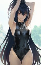 Rule 34 | 1girl, armpits, arms up, black hair, black one-piece swimsuit, breasts, clothes writing, highleg, highleg swimsuit, highres, kantai collection, kasumi (skchkko), large breasts, long hair, nagato (kancolle), one-piece swimsuit, red eyes, smile, standing, swimsuit, tsurime, turtleneck, tying hair, very long hair, wet, wet clothes, wet swimsuit
