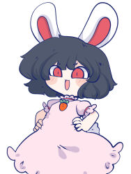 Rule 34 | 1girl, :3, animal ears, black hair, blush, carrot necklace, chahan (fried rice0614), chibi, collar, commentary, cowboy shot, dress, frilled collar, frilled dress, frilled sleeves, frills, hair between eyes, hands on own hips, highres, inaba tewi, jewelry, looking ahead, necklace, open mouth, pink dress, puffy short sleeves, puffy sleeves, rabbit ears, rabbit girl, rabbit tail, red eyes, red ribbon, ribbon, ribbon-trimmed collar, ribbon-trimmed sleeves, ribbon trim, short hair, short sleeves, simple background, smile, solo, tail, touhou, white background