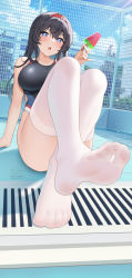 Rule 34 | 1girl, :o, absurdres, arm support, bare arms, black hair, black one-piece swimsuit, blue eyes, blush, breasts, competition swimsuit, crossed legs, diagonal stripes, drain (object), feet, fence, food, foot focus, foot up, foreshortening, fukuro daizi, hairband, highres, holding, holding food, kayoko (fukuro daizi), lane line, large breasts, long hair, looking at viewer, mole, mole under eye, multicolored clothes, multicolored swimsuit, one-piece swimsuit, open mouth, original, outdoors, presenting foot, red hairband, see-through, see-through legwear, sidelocks, signature, sitting, solo, striped, sunlight, swimsuit, thighhighs, thighs, tile floor, tiles, toes, twitter username, white thighhighs