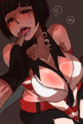 Rule 34 | 10s, 1girl, black hair, breasts, cleavage, fingerless gloves, gloves, kriem, large breasts, lipstick, necktie, short hair, siroringo, tiger &amp; bunny, tongue, tongue out