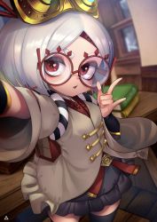 Rule 34 | 1girl, \m/, bag, book, classroom, cowboy shot, frilled skirt, frills, hair ornament, half-closed eyes, highres, indoors, kashu (hizake), looking at viewer, nintendo, open mouth, outstretched arm, purah, red-framed eyewear, red eyes, round eyewear, school bag, selfie, short hair, short sleeves, skirt, solo, standing, table, the legend of zelda, the legend of zelda: breath of the wild, thighhighs, white hair