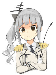 Rule 34 | &gt;:(, 1girl, absurdres, bow, brown eyes, buttons, collared shirt, cosplay, crossed arms, double-breasted, epaulettes, frown, gloves, grey hair, hair bow, hair ornament, highres, kantai collection, kasumi (kancolle), katori (kancolle), katori (kancolle) (cosplay), long hair, long sleeves, necktie, ooyama imo, shirt, side ponytail, simple background, solo, v-shaped eyebrows, white background, white gloves