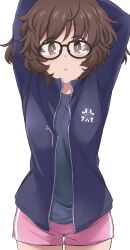 Rule 34 | 1girl, akiyama yukari, alternate costume, arms behind head, arms up, bespectacled, black-framed eyewear, blue jacket, blue shirt, brown eyes, brown hair, casual, commentary request, cowboy shot, girls und panzer, glasses, hazuki haru, highres, jacket, light blush, long sleeves, looking at viewer, open clothes, open jacket, open mouth, pink shorts, shirt, short hair, short shorts, shorts, simple background, solo, standing, thighs, track jacket, white background