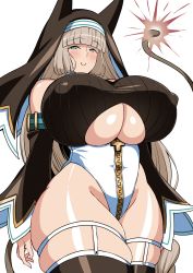 Rule 34 | 1girl, aqua eyes, bare shoulders, blush, bombergirl, breasts, brown hair, brown thighhighs, collar, commentary request, covered erect nipples, curvy, detached sleeves, eyelashes, female focus, fuse, habit, half-closed eyes, hat, highleg, highleg leotard, highres, huge breasts, komusou (jinrikisha), leotard, lit fuse, long hair, long sleeves, looking at viewer, looking down, nun, puffy nipples, puffy sleeves, sepia belmont, shiny skin, simple background, skindentation, smile, solo, standing, thick thighs, thighhighs, thighs, underboob, very long hair, weapon, whip, white background, wide hips, wide sleeves, zipper