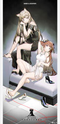 Rule 34 | 2girls, absurdres, alver, animal ears, arknights, arm up, armpits, artist name, bagpipe (arknights), bare arms, bare legs, bare shoulders, barefoot, black dress, black footwear, blonde hair, closed mouth, copyright name, couch, dragon horns, dress, extra ears, feet, full body, hair ornament, hairclip, highres, horn (arknights), horns, long hair, looking at viewer, multiple girls, on couch, orange hair, shoe dangle, shoes, unworn shoes, sitting, smile, toes, very long hair, white dress, white footwear, wolf ears
