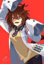 Rule 34 | 1girl, agnes tachyon (umamusume), ahoge, animal ears, blush, brown eyes, brown hair, earrings, emil1030 blue, hair between eyes, hat, highres, horse ears, horse girl, horse tail, jacket, jewelry, lab coat, long sleeves, looking at viewer, necktie, open mouth, red background, red eyes, shirt, short hair, simple background, single earring, skirt, sleeves past fingers, sleeves past wrists, smile, solo, sweater, tail, test tube, umamusume, umamusume: beginning of a new era, white shirt, yellow sweater