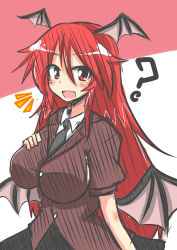 Rule 34 | 1girl, :d, ?, ^^^, bat wings, blazer, blush, breasts, buttons, demon wings, dress shirt, fang, hand on own chest, head wings, impossible clothes, jacket, koakuma, large breasts, long hair, looking at viewer, low wings, necktie, open mouth, red eyes, red hair, rindou (p41neko), shirt, short sleeves, simple background, sketch, skirt, smile, solo, touhou, very long hair, white background, white shirt, wings