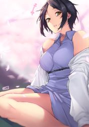 Rule 34 | 10s, 1girl, artist name, bad id, bad twitter id, bare shoulders, black hair, black ribbon, blurry, blurry background, breasts, cherry blossoms, collared dress, day, dress, earrings, hayami kanade, idolmaster, idolmaster cinderella girls, jacket, jewelry, jjune, lavender dress, long sleeves, looking at viewer, medium breasts, off shoulder, open clothes, open jacket, outdoors, parted bangs, parted lips, petals, pink lips, ribbon, sash, short hair, sitting, sleeveless, sleeveless dress, smile, solo, stud earrings, teeth, wariza, white jacket, wing collar, yellow eyes