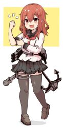 Rule 34 | 1girl, anchor, anchor symbol, black skirt, black thighhighs, blush, brown eyes, brown hair, clenched hand, commentary, fang, full body, hair between eyes, hair ornament, hairclip, highres, ikazuchi (kancolle), kantai collection, loafers, long sleeves, medium hair, neckerchief, open mouth, original remodel (kantai collection), pleated skirt, red neckerchief, rigging, sailor collar, school uniform, serafuku, shoes, simple background, skirt, sleeve rolled up, smile, solo, standing, thigh strap, thighhighs, two-tone background, unagiman