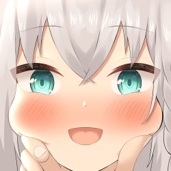 Rule 34 | 1girl, absurdres, blush, braid, close-up, commentary request, green eyes, hair between eyes, hand on another&#039;s chin, highres, hololive, looking at viewer, open mouth, pemoyashi (tianoblue), pov, pov hands, shirakami fubuki, sidelocks, single braid, solo, squishing, virtual youtuber, white hair