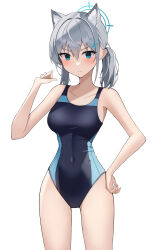 Rule 34 | 1girl, absurdres, animal ear fluff, animal ears, black one-piece swimsuit, bllustration, blue archive, blue eyes, breasts, competition swimsuit, covered navel, cowboy shot, cross hair ornament, extra ears, grey hair, hair ornament, halo, hand on own hip, highres, low ponytail, medium breasts, medium hair, mismatched pupils, multicolored clothes, multicolored swimsuit, official alternate costume, one-piece swimsuit, shiroko (blue archive), shiroko (swimsuit) (blue archive), solo, standing, swimsuit, wolf ears