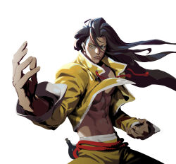 Rule 34 | 1boy, abs, absurdres, black eyes, black hair, closed mouth, dark skin, fighting stance, highres, jamie siu, long hair, long sleeves, looking at viewer, loped, open clothes, pectorals, simple background, street fighter, street fighter 6, white background, wind